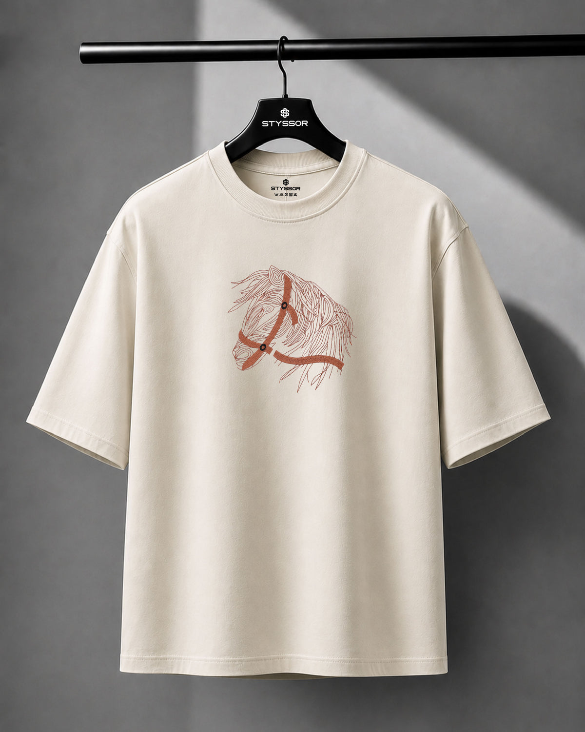 Horse Face Embroidery Oversized Off White T-Shirt
