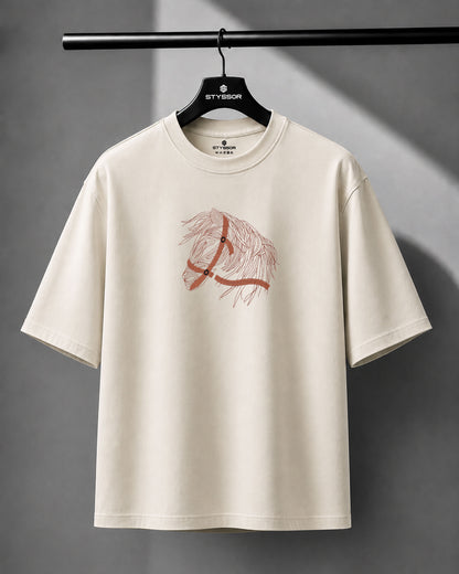 Horse Face Embroidery Oversized Off White T-Shirt
