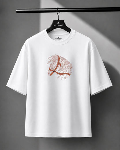 Horse Face Embroidery Oversized White T-Shirt