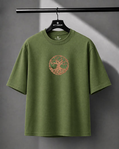 Tree of Life Embroidery Green Oversized T-Shirt
