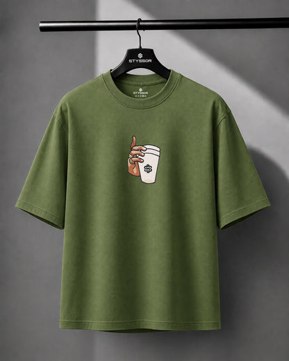 Styssor Cup Rug Embroidery Green Oversized T-Shirt