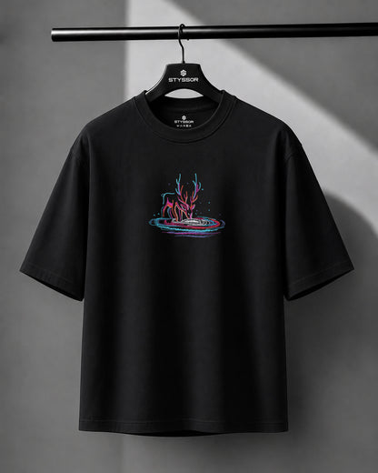 Galaxy Deer Embroidery Black Oversized T-Shirt
