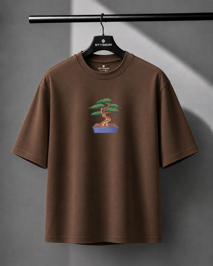 Miyagi Bonsai Tree Embroidery Brown Oversized T-Shirt