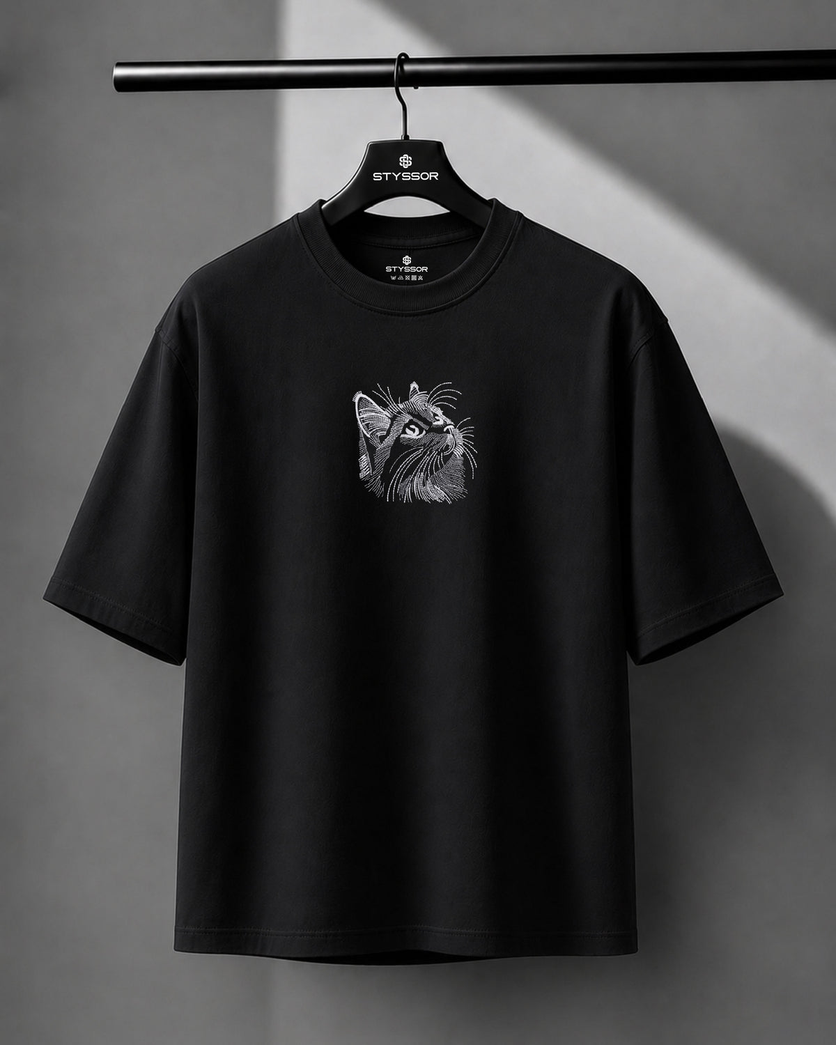 Cat Embroidery Black Oversized T-Shirt