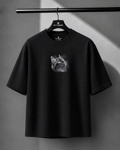 Cat Embroidery Black Oversized T-Shirt