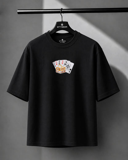 Party Card Embroidery Black Oversized T-Shirt