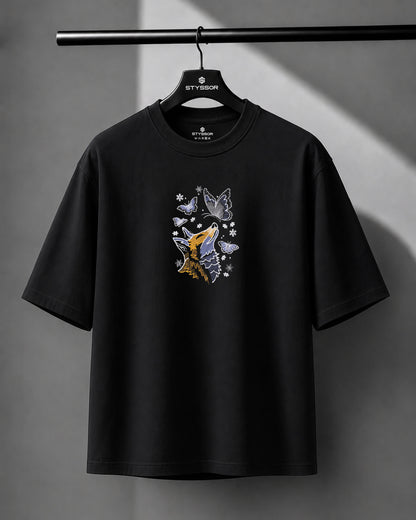 Fox with Butterfly Embroidery Black Oversized T-Shirt