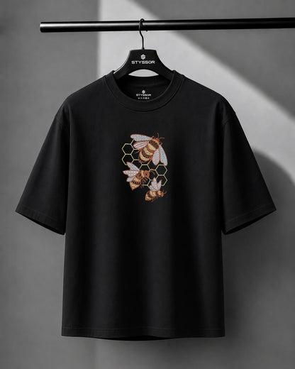 Bees Honeycomb Embroidery Black Oversized T-Shirt