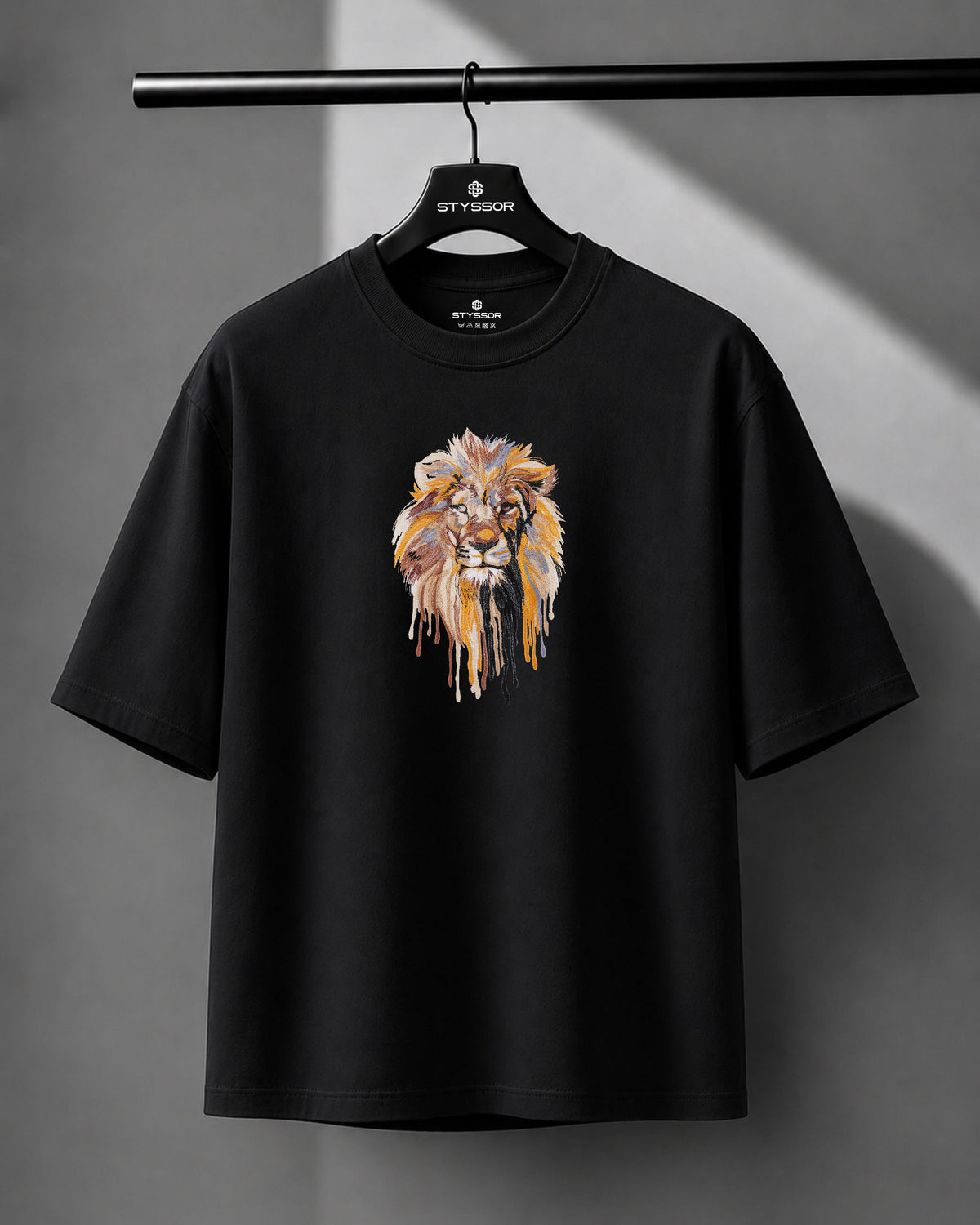 Lion Face Embroidery Black Oversized T-Shirt
