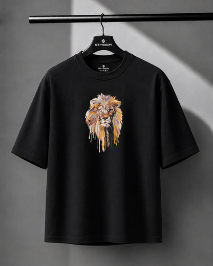 Lion Face Embroidery Black Oversized T-Shirt