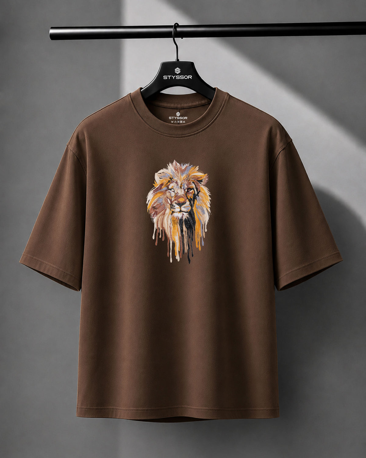 Lion Face Embroidery Brown Oversized T-Shirt
