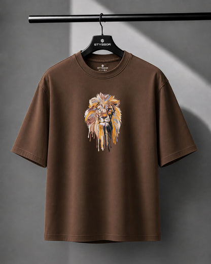 Lion Face Embroidery Brown Oversized T-Shirt