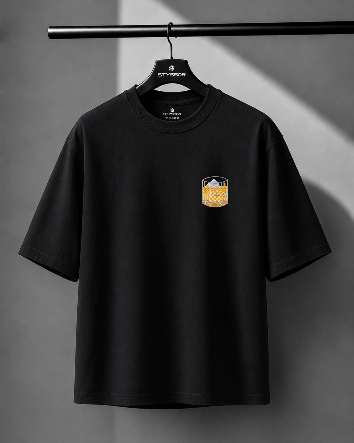 Whiskey Rocks Embroidery Black Oversized T-Shirt