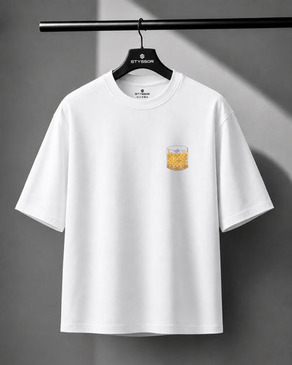 Whiskey Rocks Embroidery White Oversized T-Shirt