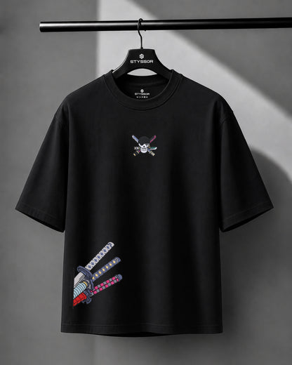 Zoro Katana Embroidery Black Oversized T-Shirt