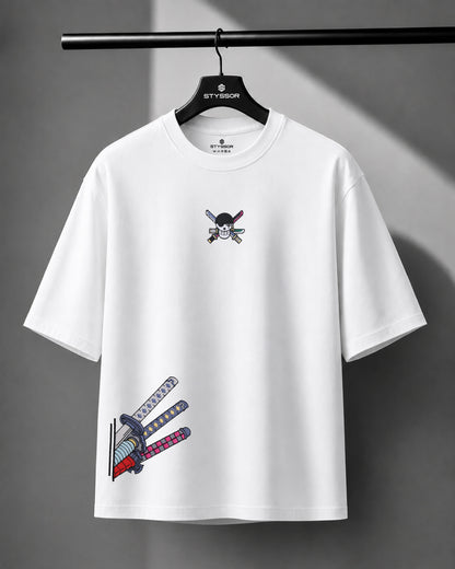 Zoro Katana Embroidery White Oversized T-Shirt