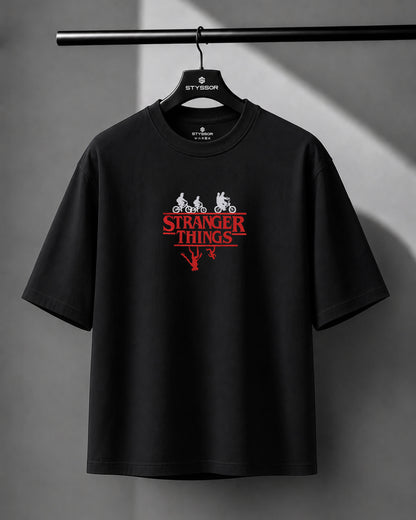 Stranger Things Embroidery Black Oversized T-Shirt