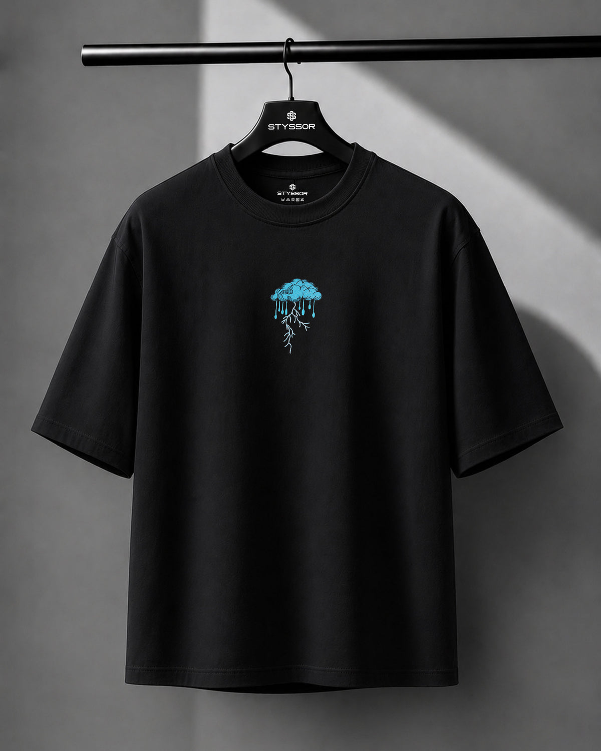 Lightning Cloud Embroidery Black Oversized T-Shirt