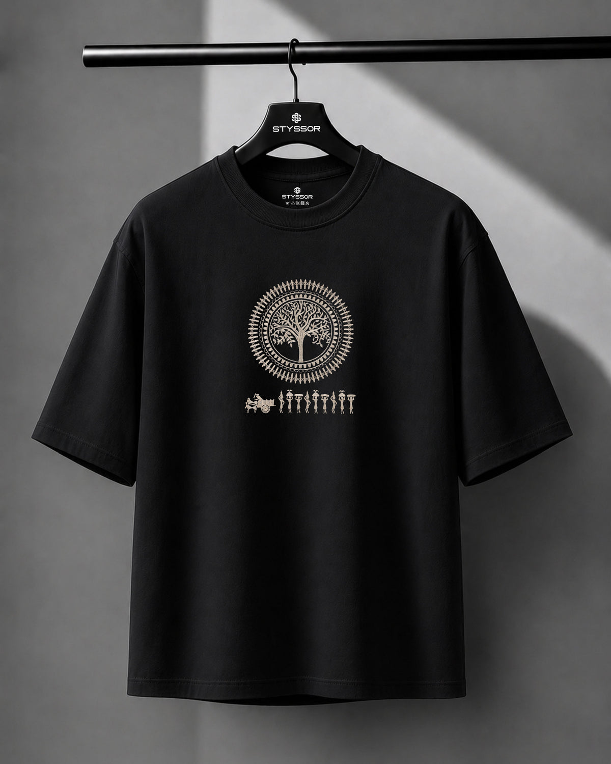 Warli Embroidery Black Oversized T-Shirt