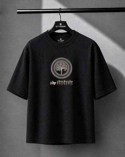 Warli Embroidery Black Oversized T-Shirt