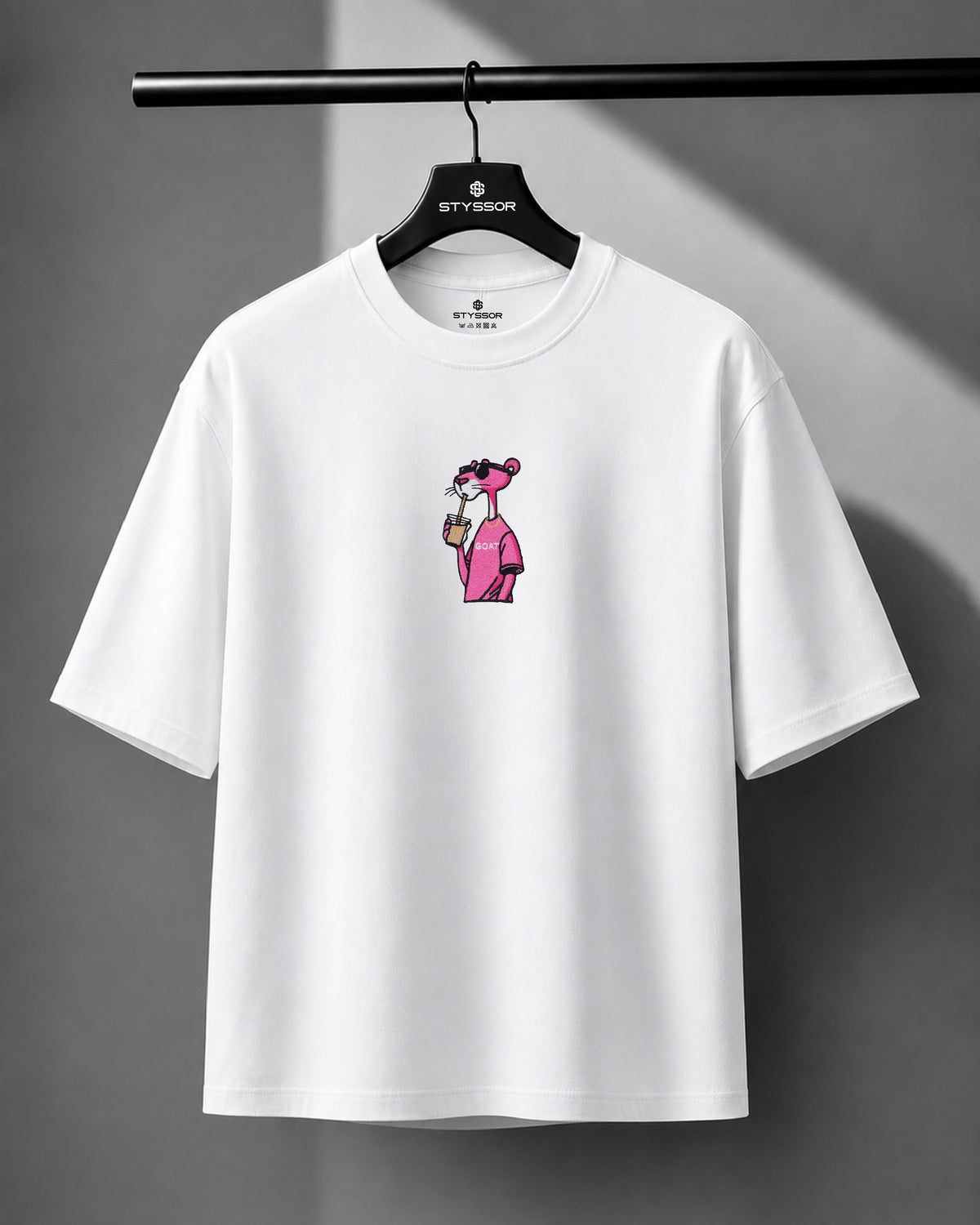 Pink Panther Embroidery White Oversized T-Shirt