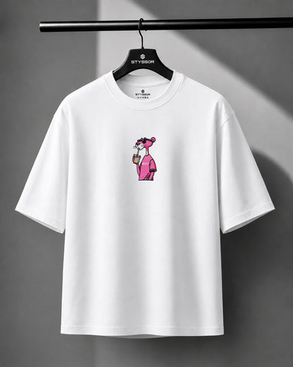 Pink Panther Embroidery White Oversized T-Shirt