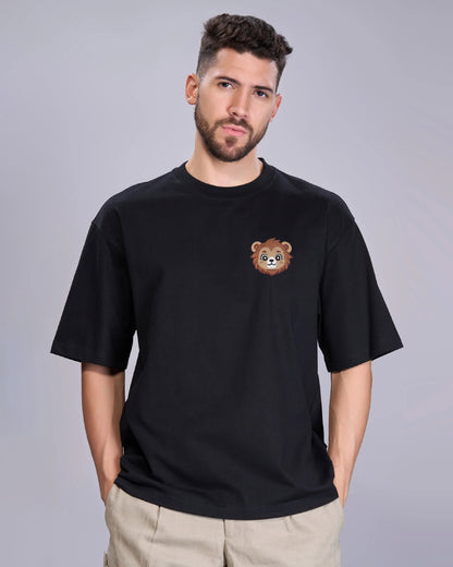 Baby Lion Wildlife Embroidery Oversized Black T-Shirt