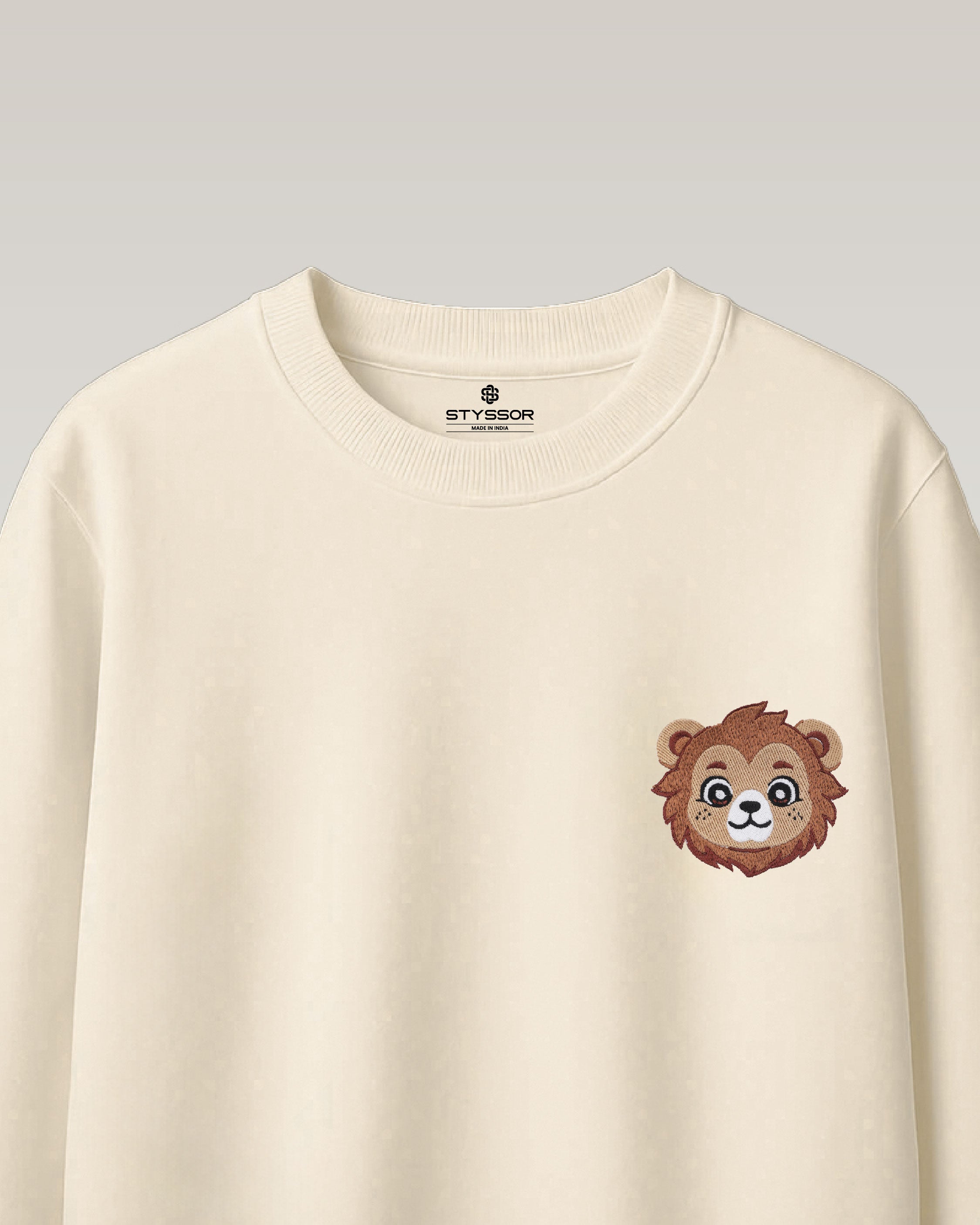 Baby Lion Wildlife Embroidery Oversized Off-White T-Shirt