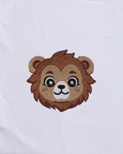 Baby Lion Wildlife Embroidery Oversized White T-Shirt
