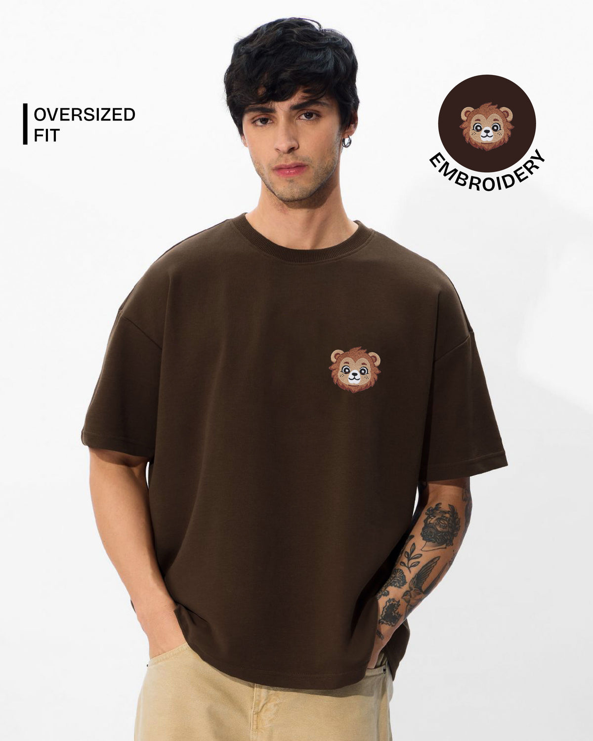 Baby Lion Wildlife Embroidery Oversized T-Shirt