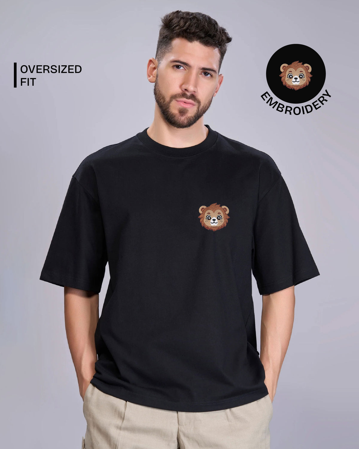 Baby Lion Wildlife Embroidery Oversized T-Shirt