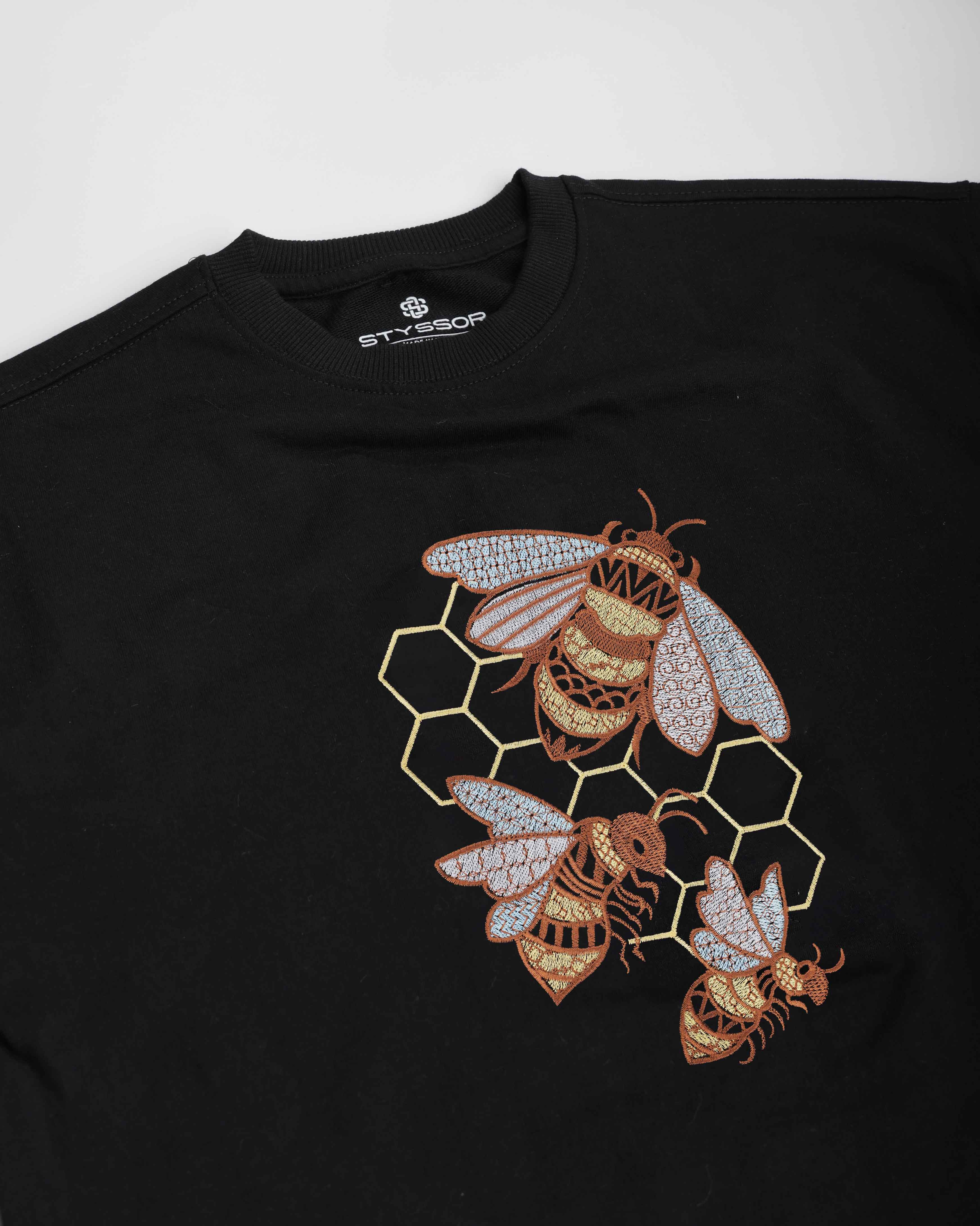 Bees Honeycomb Embroidery Black Oversized T-Shirt