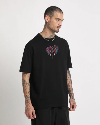 Boho Elephant Embroidery Black Oversized T-Shirt1