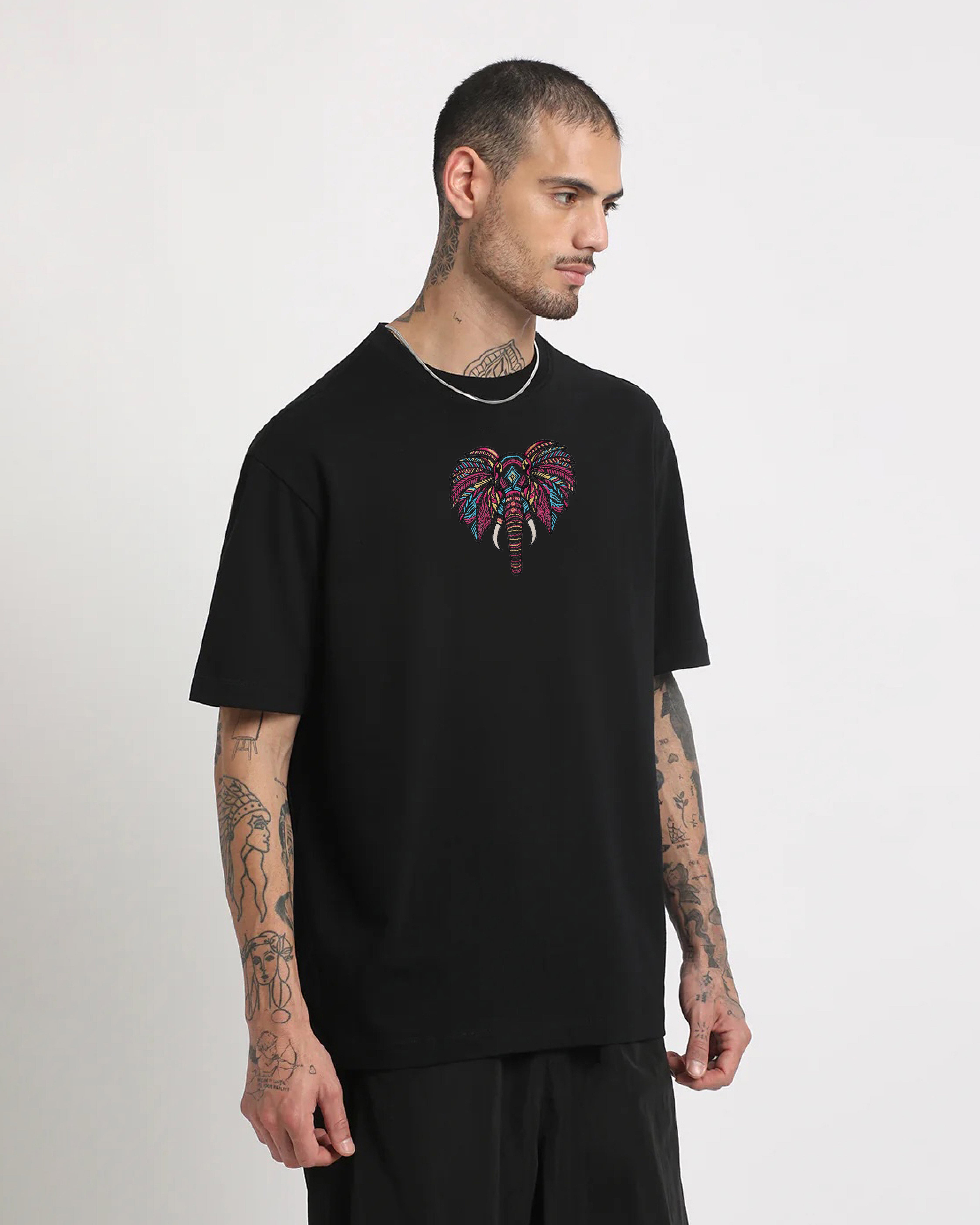 Boho Elephant Embroidery Black Oversized T-Shirt1