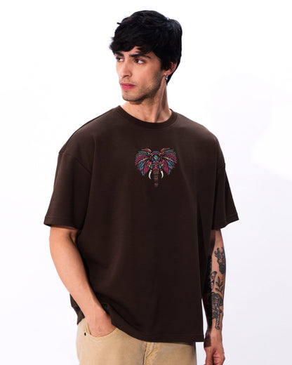 Boho Elephant Embroidery Brown Oversized T-Shirt