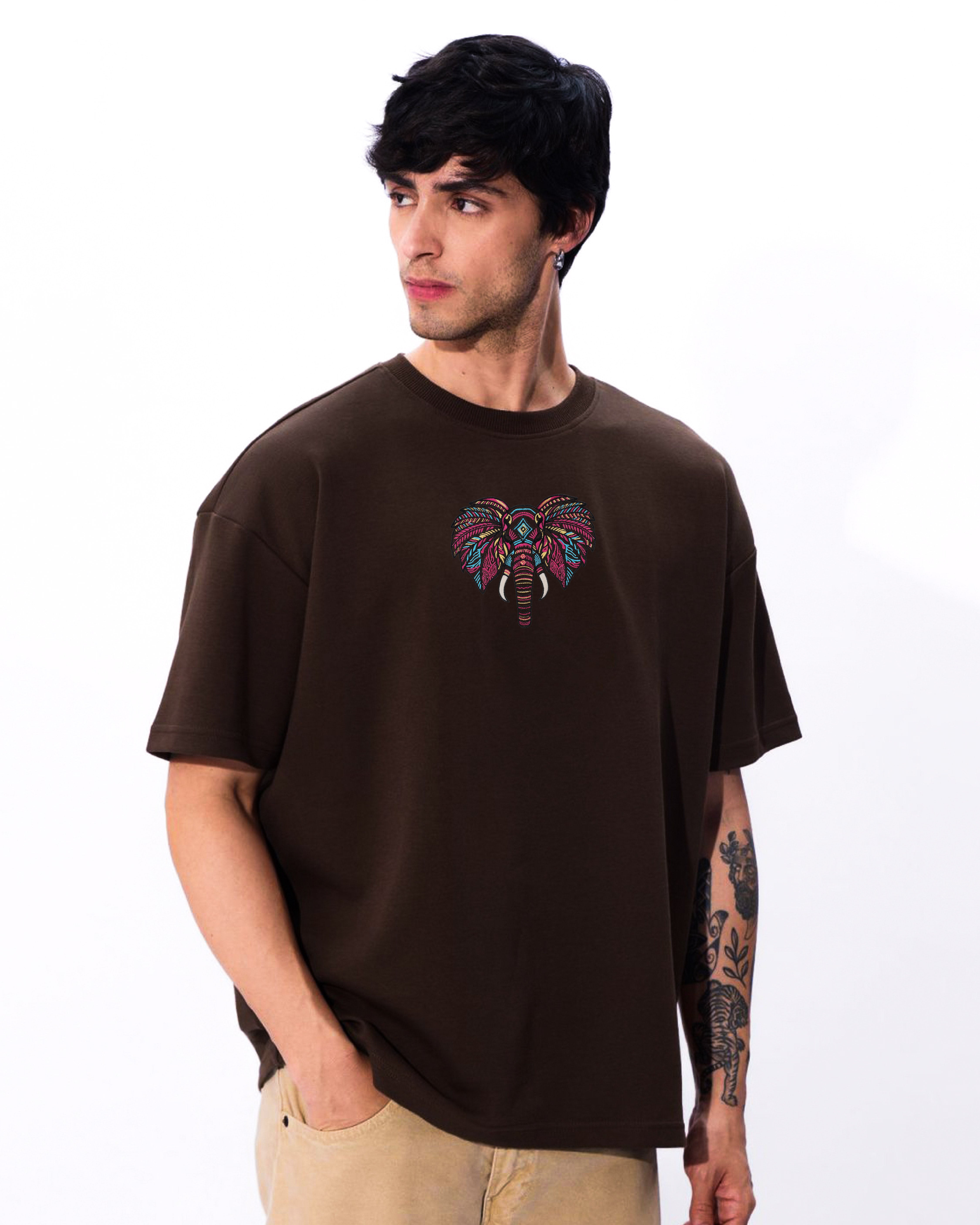Boho Elephant Embroidery Brown Oversized T-Shirt
