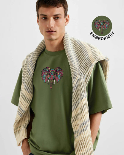 Boho Elephant Embroidery Green Oversized T-Shirt