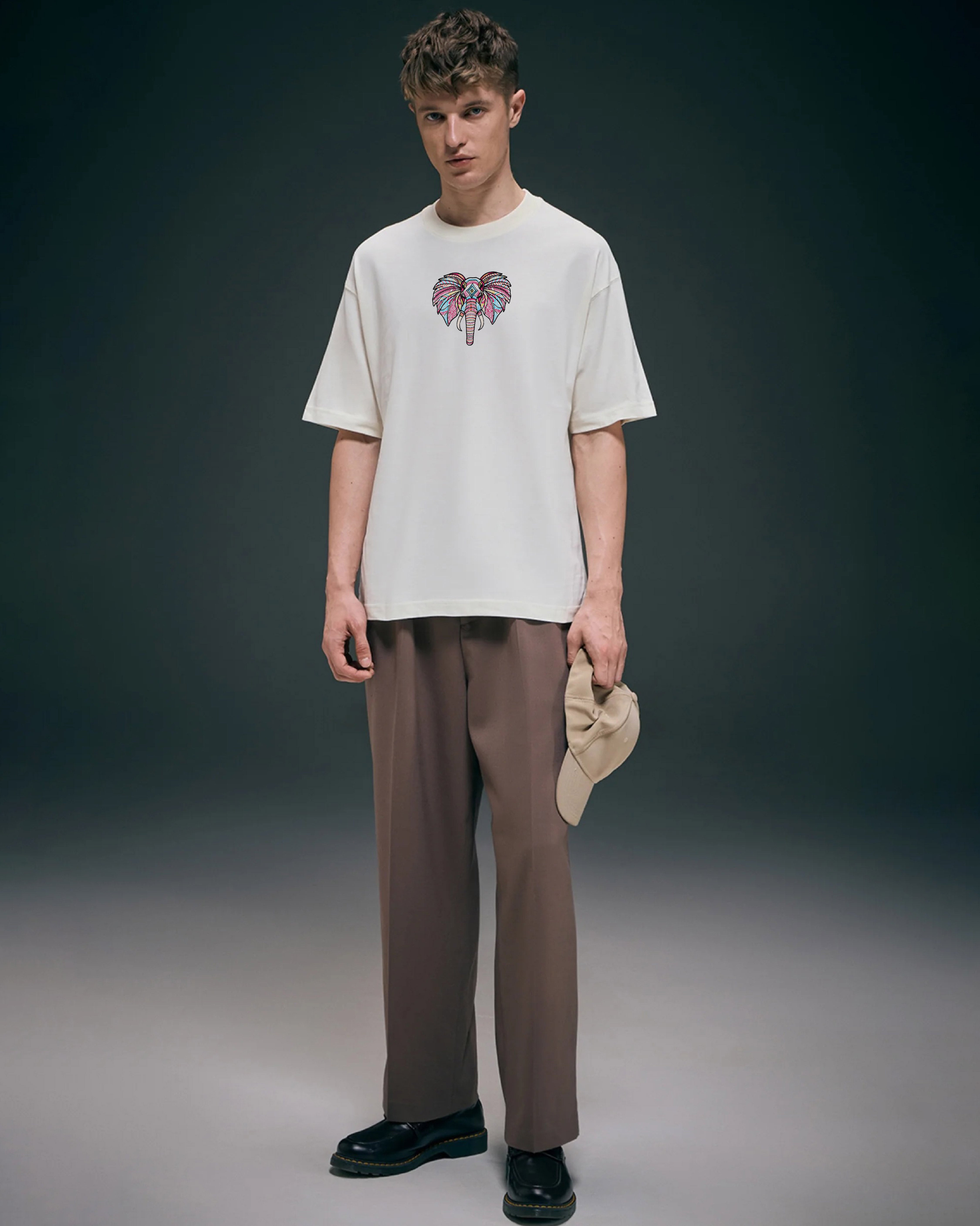 Boho Elephant Embroidery Off-White Oversized T-Shirt