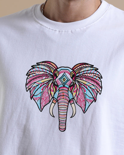 White sweatshirt with a colorful elephant design on a plain background