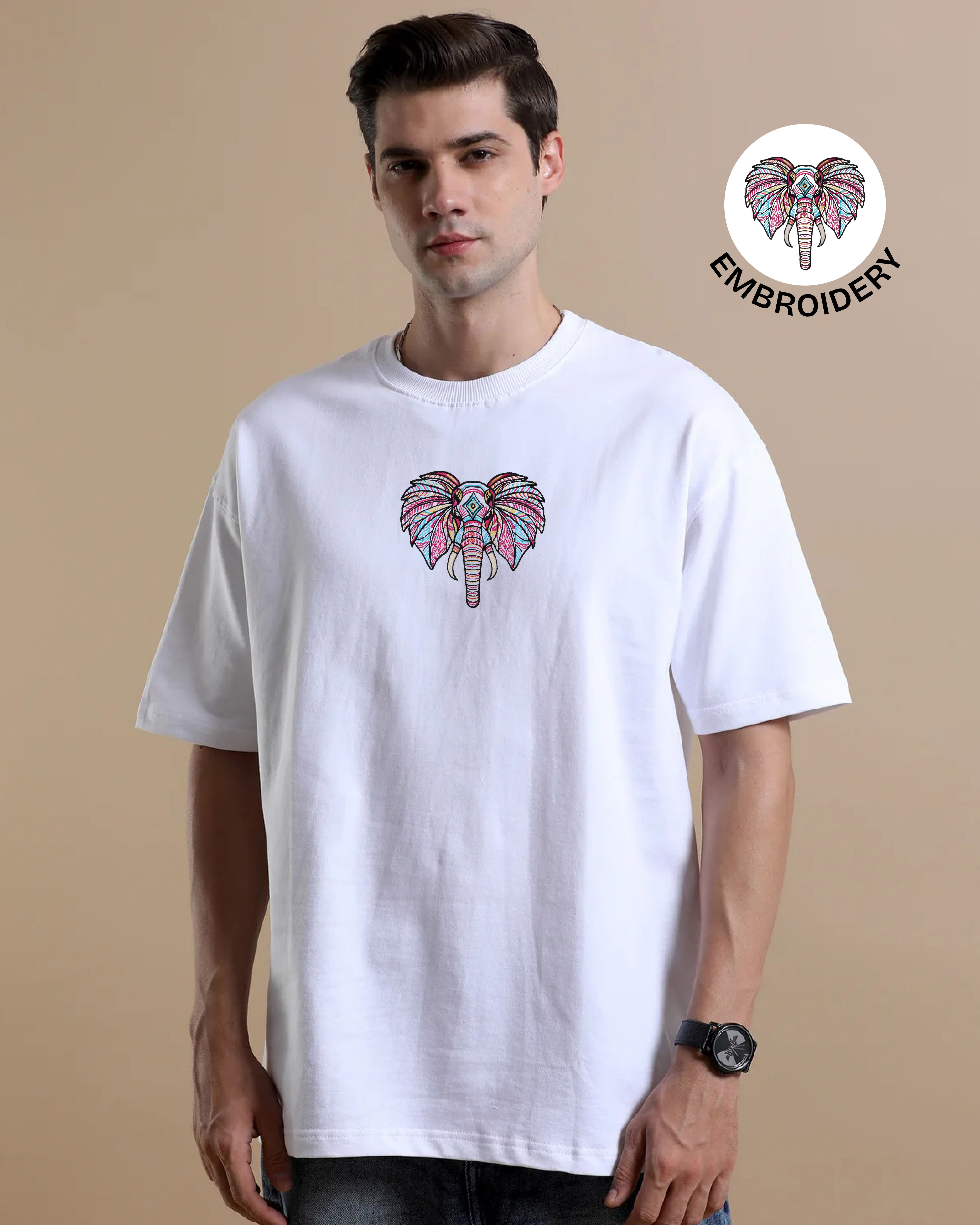 Boho Elephant Embroidery White Oversized T-Shirt