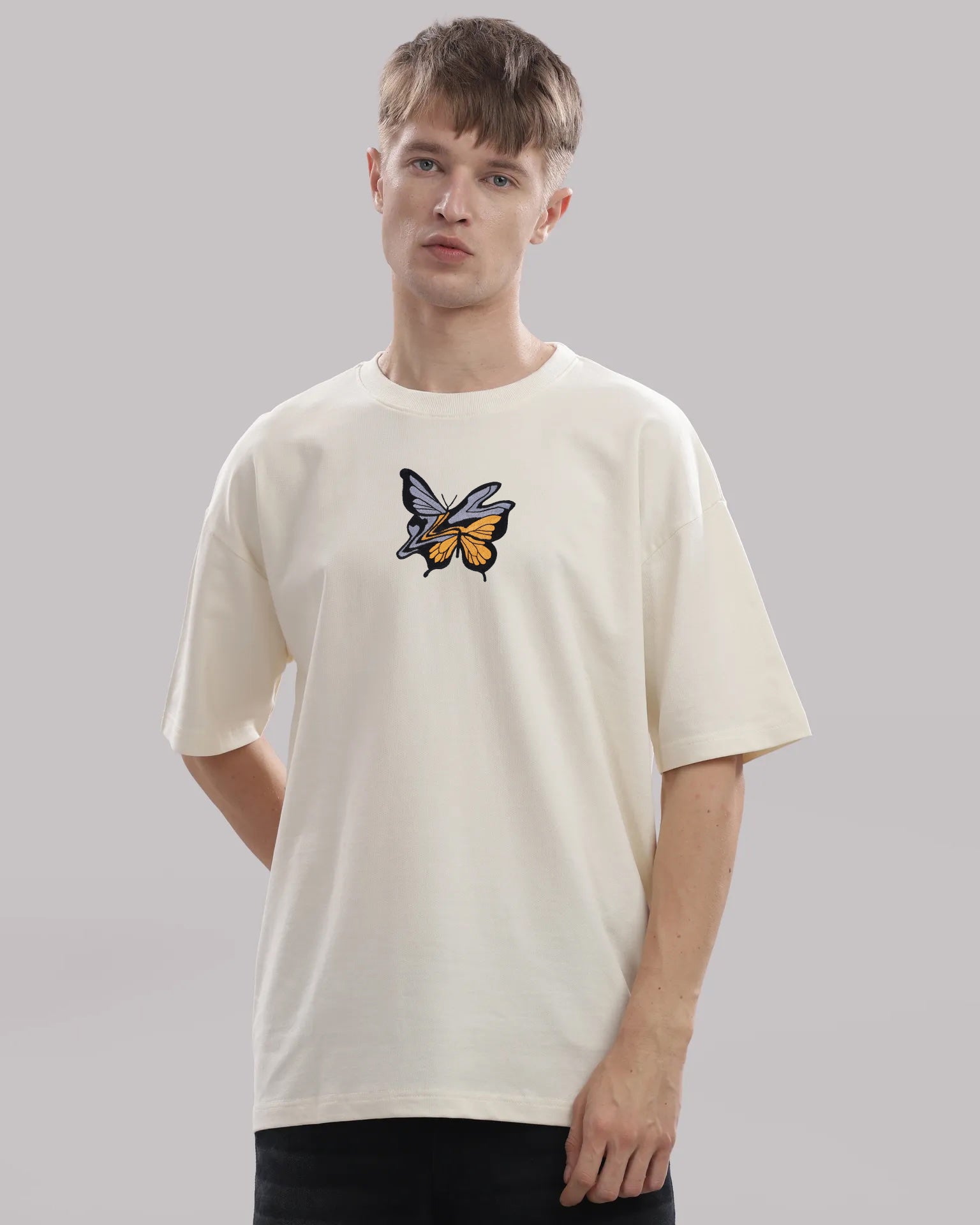 Butter Fly Embroidery Off-White Oversized T-Shirt