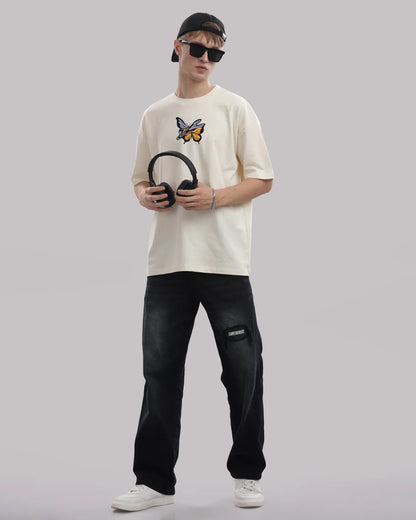Butter Fly Embroidery Off-White Oversized T-Shirt