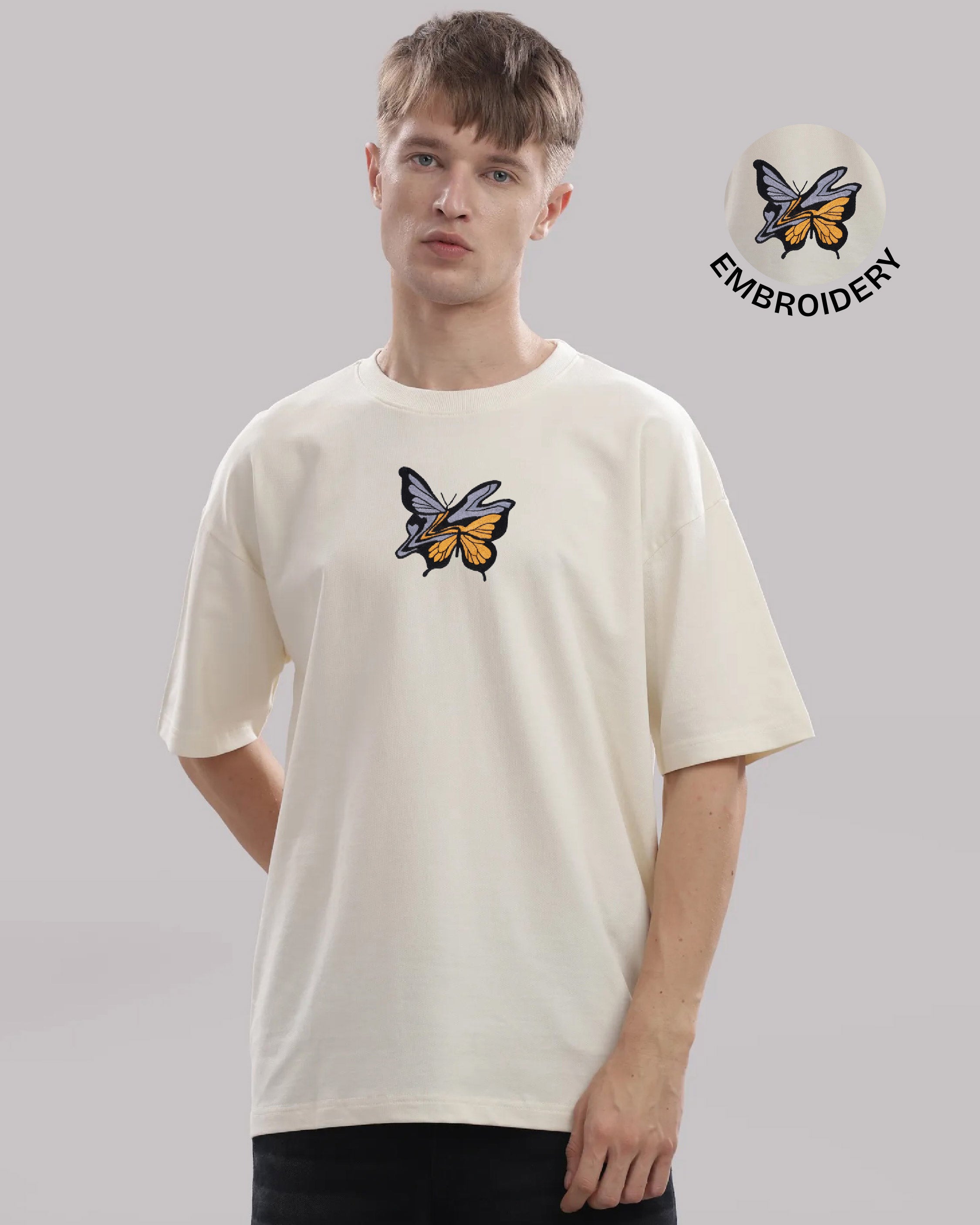 Butter Fly Embroidery Off-White Oversized T-Shirt