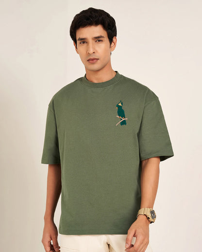 Cockatoo Wildlife Embroidery Oversized Green T-Shirt