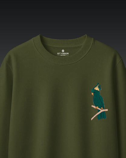 Cockatoo Wildlife Embroidery Oversized Green T-Shirt
