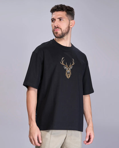 Deer Embroidery Design Black Oversized T-Shirt