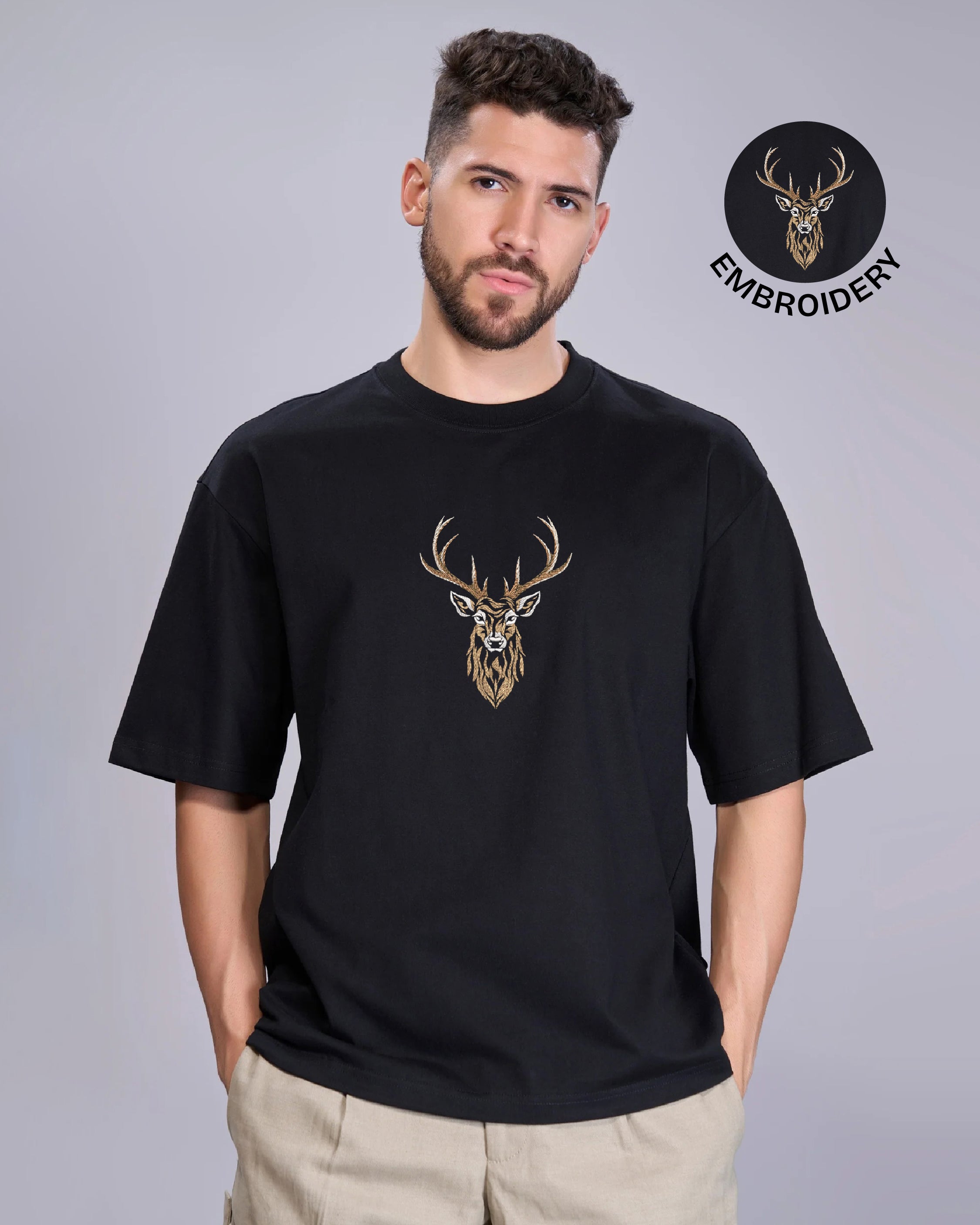Deer Embroidery Design Black Oversized T-Shirt