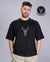 Deer Embroidery Design Black Oversized T-Shirt