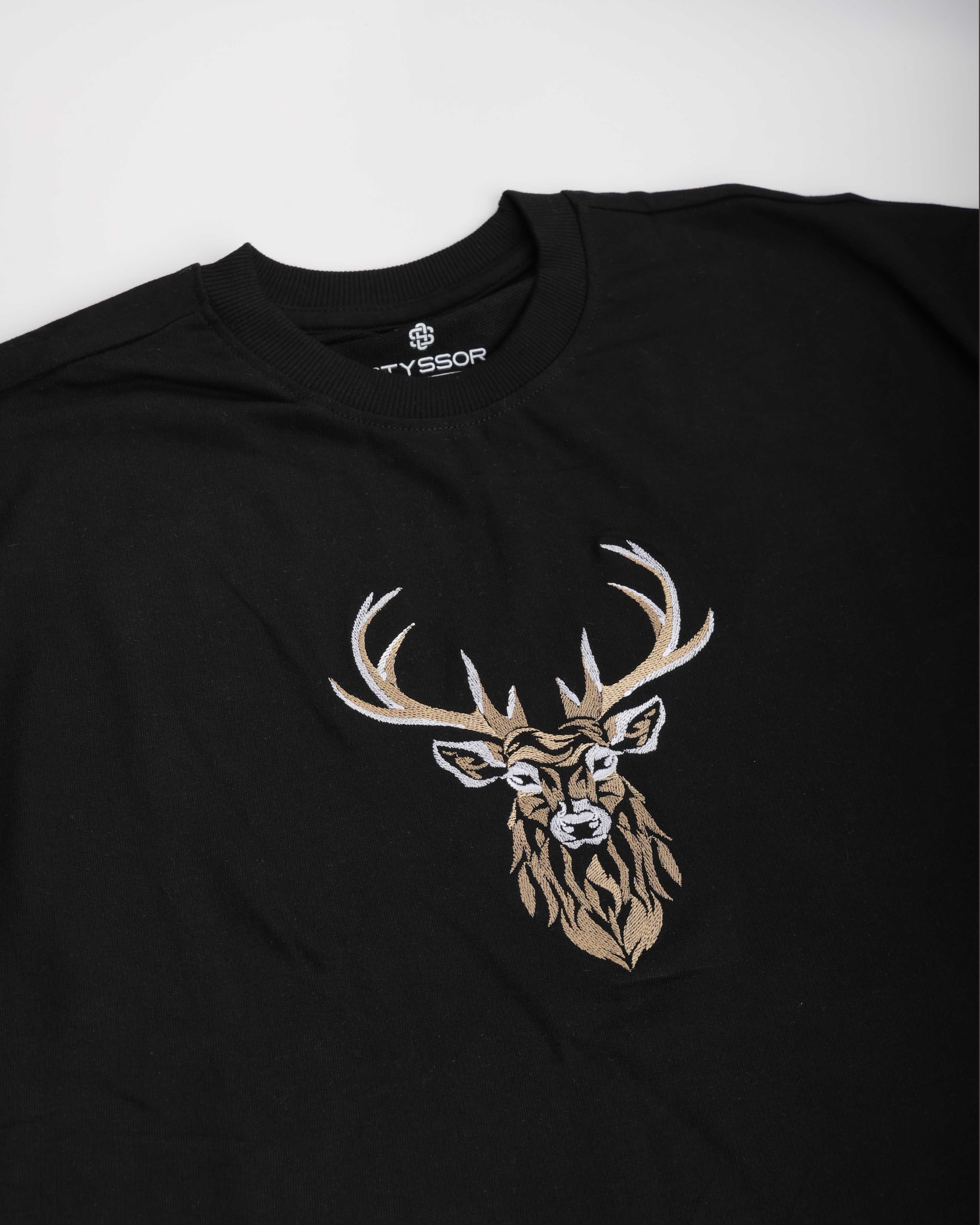 Deer Embroidery Design Black Oversized T-Shirt