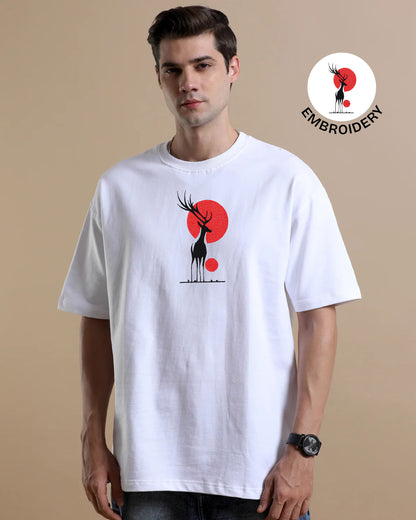 Deer Sunset Embroidery White Oversized T-Shirt web